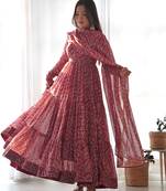 Brown Colour Pure Georgette Fabric Party Wear Fully Stitched Gown Set 