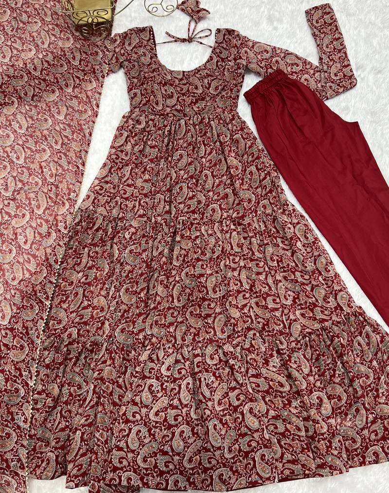 Brown Colour Pure Georgette Fabric Party Wear Fully Stitched Gown Set 