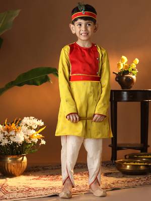  infantyellow and cream silk blend kurta and dhoti set 1