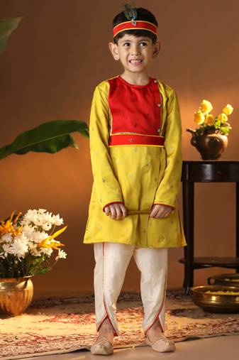  infant boys' yellow and cream silk blend kurta and dhoti set
