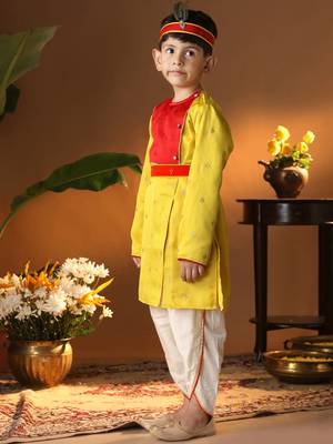  infantyellow and cream silk blend kurta and dhoti set 2