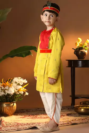  infantyellow and cream silk blend kurta and dhoti set