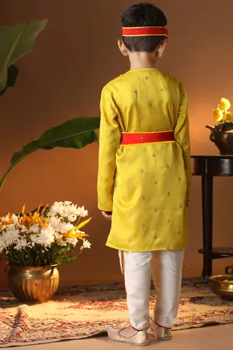 infantyellow and cream silk blend kurta and dhoti set
