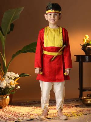  infantred and cream silk blend kurta and dhoti set 1