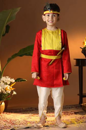  infant boys' red and cream silk blend kurta and dhoti set