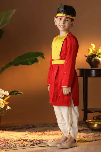  infantred and cream silk blend kurta and dhoti set