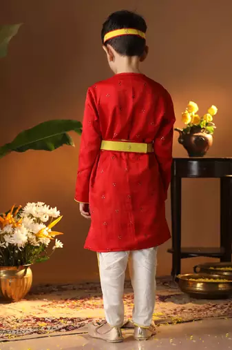  infantred and cream silk blend kurta and dhoti set