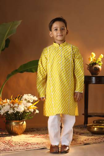  infant boys' yellow and white cotton kurta and pyjama set