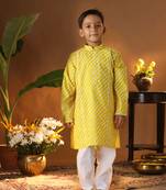  infantyellow and white cotton kurta and pyjama set