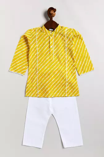  infantyellow and white cotton kurta and pyjama set