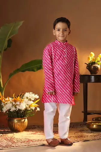  infant boys' pink and white cotton kurta and pyjama set