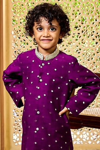 Vastramay infant boys' purple and cream chanderi kurta and dhoti set