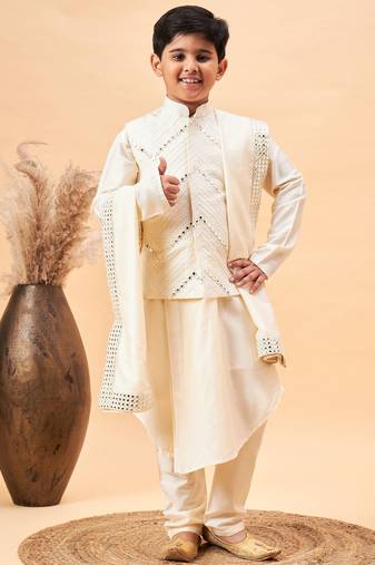 Vastramay boys' cream jacket, kurta and pyjama set