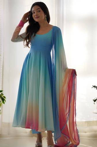 Multi Colour Pure Georgette Fabric Party Wear Fully Stitched Gown Set 