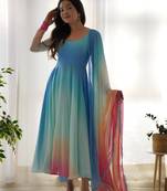 Multi Colour Pure Georgette Fabric Party Wear Fully Stitched Gown Set 