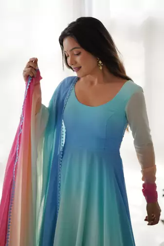 Multi Pure Georgette Fabric Party wear Fully Gown Set