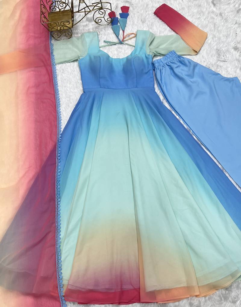 Multi Colour Pure Georgette Fabric Party Wear Fully Stitched Gown Set 