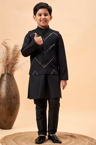 Vastramay boys' black jacket, kurta and pyjama set