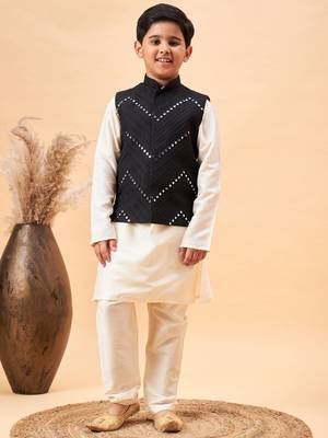 Vastramay boys' cream and black jacket, kurta and pyjama set 1