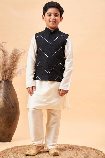 Vastramay boys' cream and black jacket, kurta and pyjama set