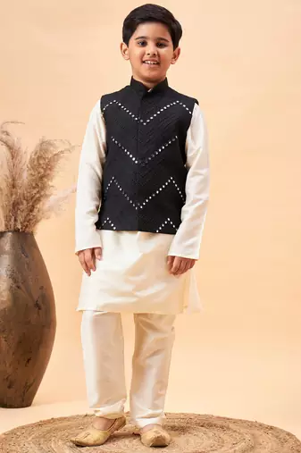 Vastramay boys' cream and black jacket, kurta and pyjama set
