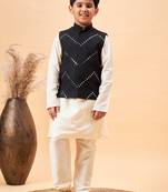 Vastramay boys' cream and black jacket, kurta and pyjama set