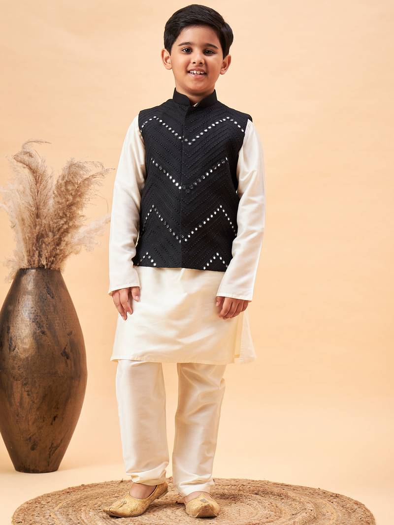 Vastramay boys' cream and black jacket, kurta and pyjama set