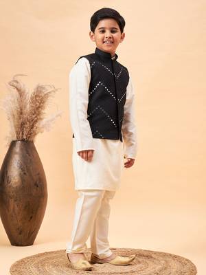 Vastramay boys' cream and black jacket, kurta and pyjama set 2