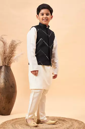 Vastramay boys' cream and black jacket, kurta and pyjama set