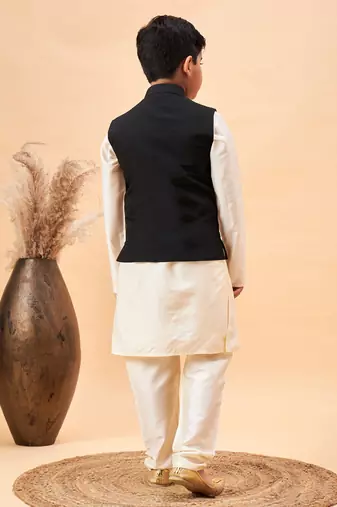 Vastramay boys' cream and black jacket, kurta and pyjama set