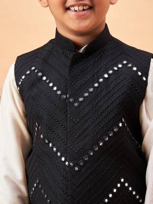 Vastramay boys' cream and black jacket, kurta and pyjama set 4