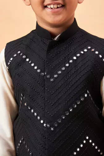 Vastramay boys' cream and black jacket, kurta and pyjama set