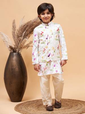 multi color cream base jacket, kurta and pyjama set 1
