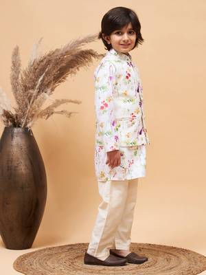 multi color cream base jacket, kurta and pyjama set 2