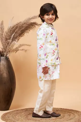 multi color cream base jacket, kurta and pyjama set