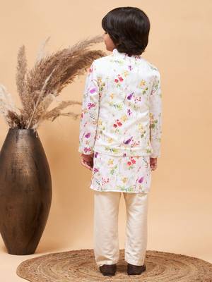 multi color cream base jacket, kurta and pyjama set 3