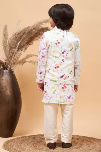 multi color cream base jacket, kurta and pyjama set