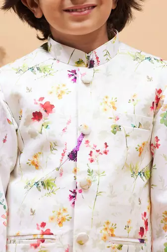 multi color cream base jacket, kurta and pyjama set
