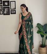Women georgette thread,sequance embroidery work green color saree