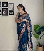 Women georgette thread,sequance embroidery work teal color saree