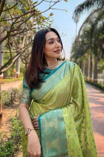 Women tissue silk  Woven designer pista color saree