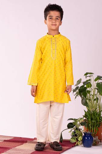 boys' yellow and cream kurta pyjama set