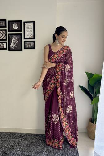 Women georgette thread,sequance embroidery work wine color saree