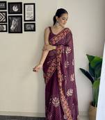 Women georgette thread,sequance embroidery work wine color saree