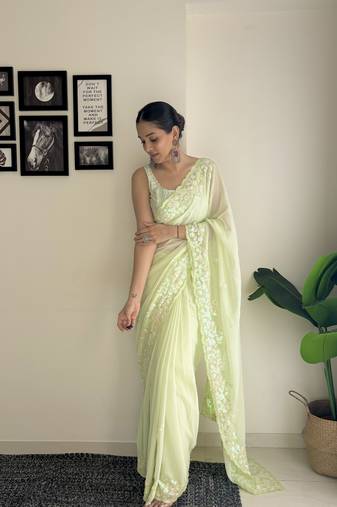 Women georgette c pallu sequance embroidery work pista color saree