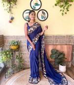 Women vichitra silk thread,sequance embroidery cut work nevy blue color saree