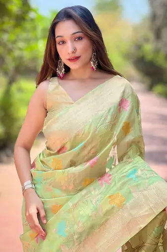 Women organza weaving meenakari jaal designer pista color saree