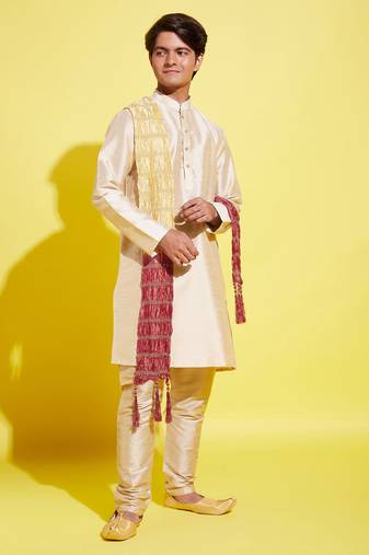  yuva boys' gold silk blend kurta, pyjama & dupatta set