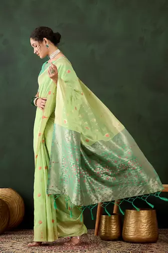 Women poly cotton Woven designer pista color saree