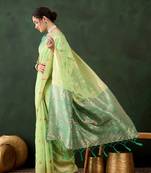 Women poly cotton Woven designer pista color saree